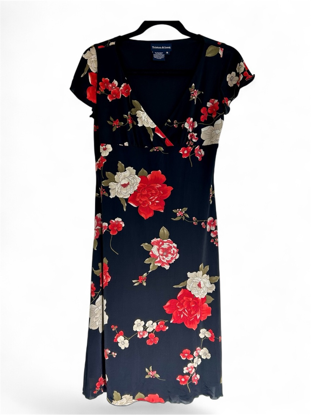 Tristan & Iseut 🇨🇦 Black Floral A-line Midi Dress with Red & Cream Blooms